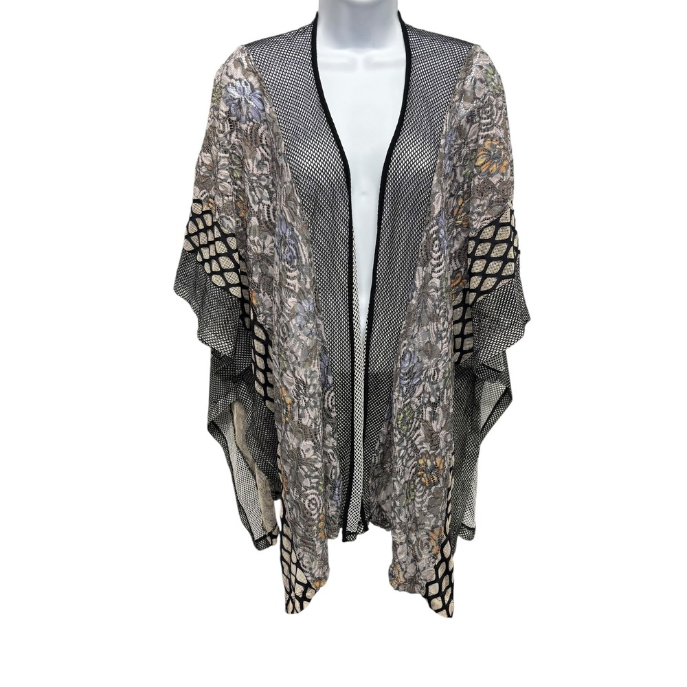Soft Surroundings‎ Floral Lace Mesh Kimono Wrap Open Front Grey Black One Size